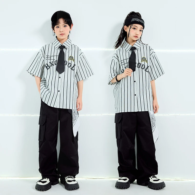 Vêtements de danse Hip Hop pour filles, chemise rayée, pantalon Cargo, tenues Kpop pour adolescents, vêtements de danse moderne Jazz, Costumes de scène pour garçons