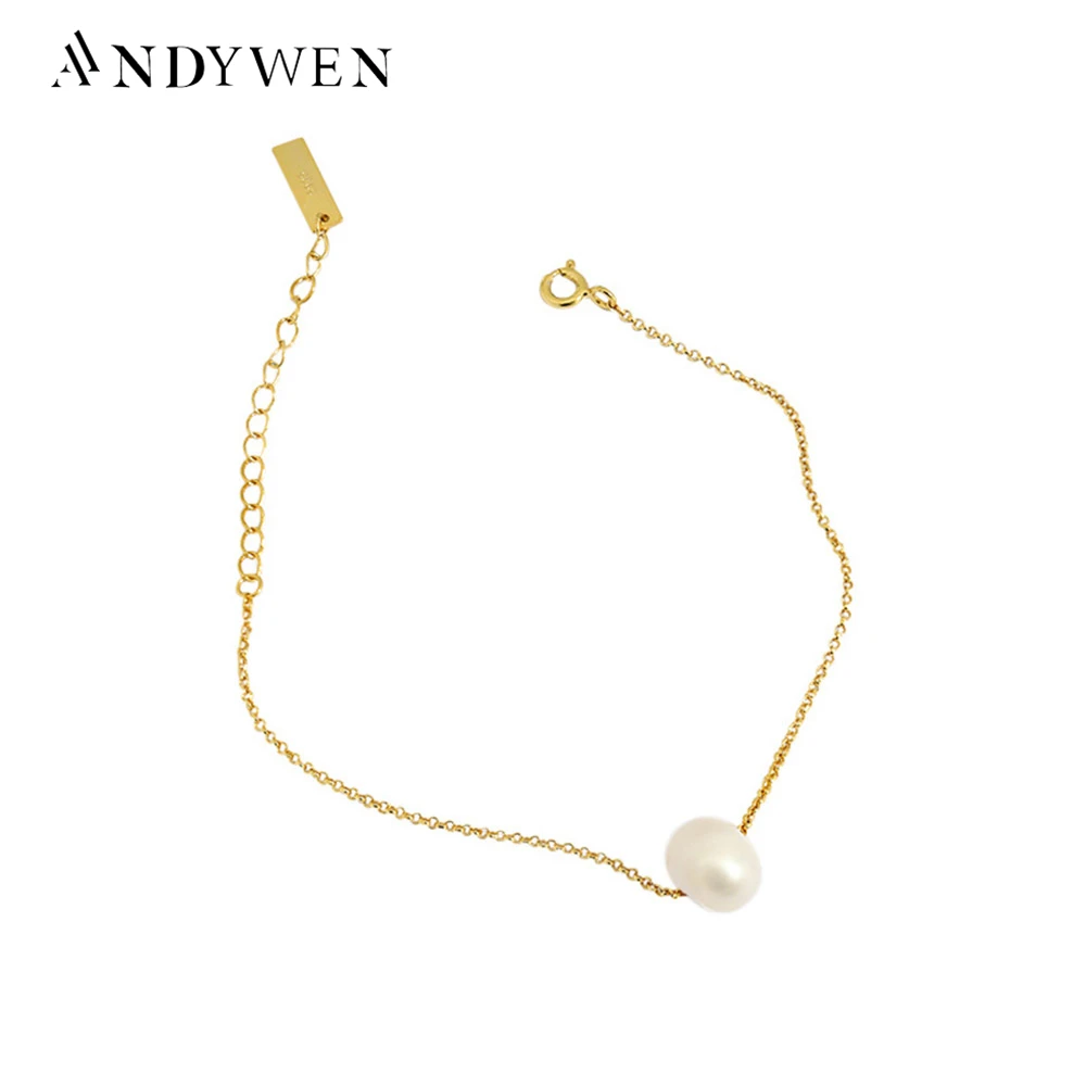 

ANDYWEN New 925 Sterling Silver Gold Pearl Chain Bracelet Wedding Fashion Party Rock Punk Jewelry 2020 Rock Punk Accessories