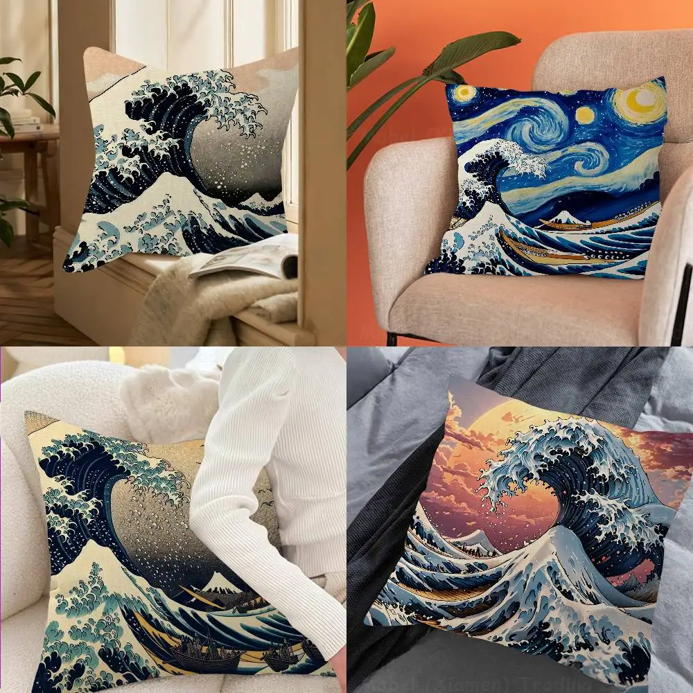 Hokusai Classic Giant Ocean Wave Mount Fuji Comfortable soft Pillow Case for Sofa Living Room Home Decor Protective Covers