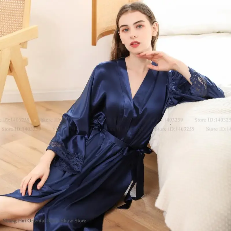 

Сексуальный кружевной длинный халат, нижнее белье, шелковый атласный халат невесты, свадебный халат, кимоно, домашнее платье, свободная повседневная женская одежда для сна, ночная рубашка