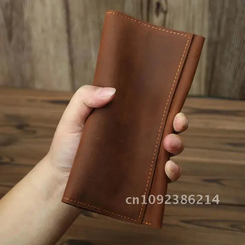 Cartera larga Vintage con soporte genuino para hombre y mujer, billetera de cuero para tarjetas de crédito, teléfono, monedero de negocios con cremallera, cartera móvil