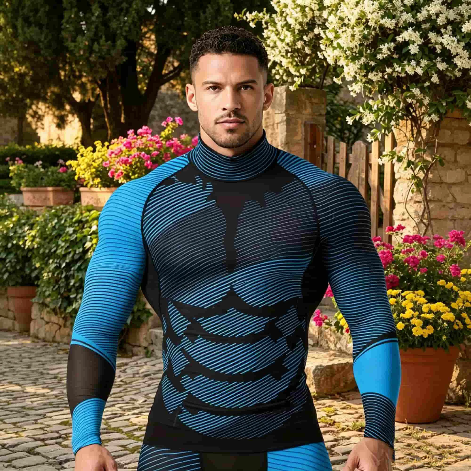 Herren 3D-Muskel-Print Kompressionsshirt mit Stehkragen, Langarm, Schnelltrocknend, Sportliches Oberteil für Fitness, Workout, Cosplay, Sport-Basisschicht – Detail 2