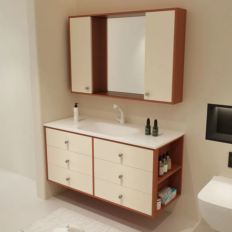 

Комплект мебели для ванной комнаты: тумба с интегрированной керамической раковиной и выдвижным зеркальным шкафом