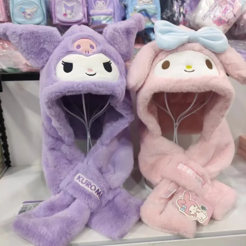 어린이 모자 스카프 통합 겨울 따뜻한 Sanrio 귀여운 Kuromi 애니메이션 플러시 만화 귀 보호 모자 장갑 새 모델
