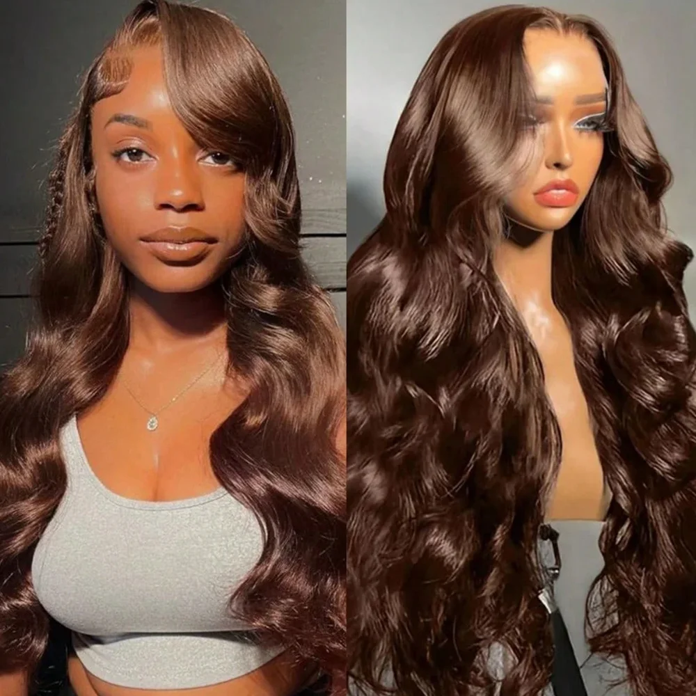 

13x4 HD Lace Frontal 4 Chocolate Brown Wig 46 Inch Body Wave Human Hair Colored For Women