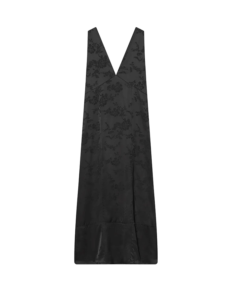 Women Jacquard Sleeveless V-neck Black Long Dress Side Split Maxi Dresses