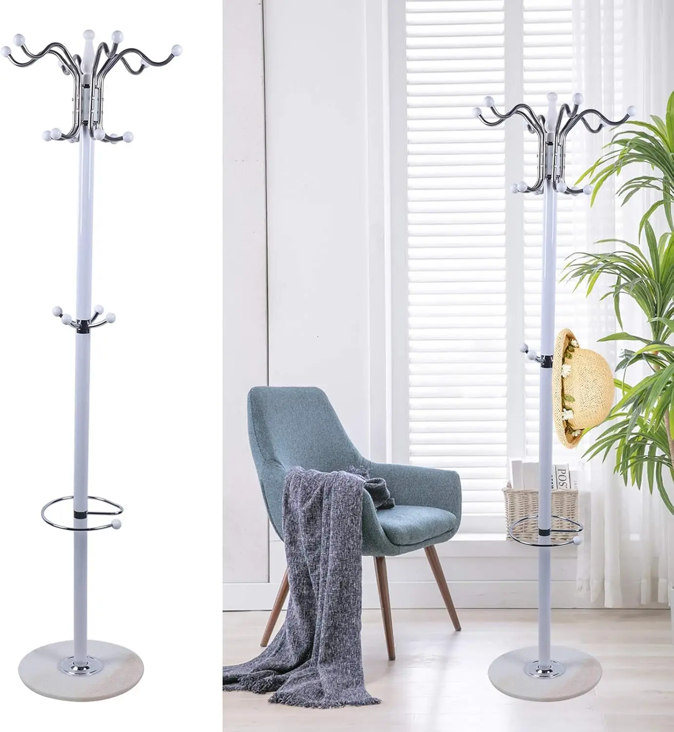 Free-Standing Coat Rack with Marble Base 16 Hooks, 4 -Tier Metal Coat Hat Jacket Stand Tree Holder Hanger Rack,for Bedroom