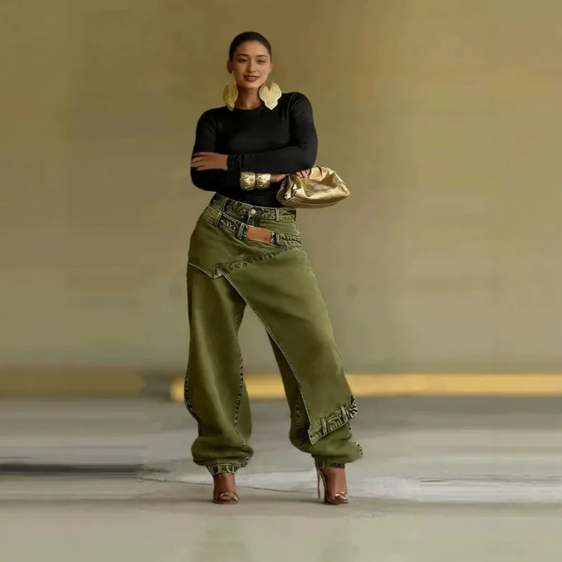 Layered Patch Wide Leg Jeans, Washed Denim Relaxed Fit Floor Length Trousers Fashion Designer Casual Bottoms
