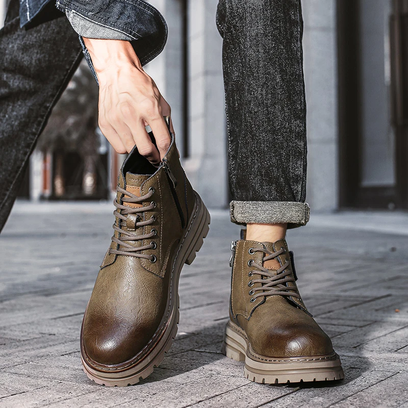 Мужские рабочие ботинки для альпинизма на открытом воздухе: новые большие желтые ботинки 2025 года, прочная рабочая обувь в британском стиле с высоким берцем, увеличивающая рост