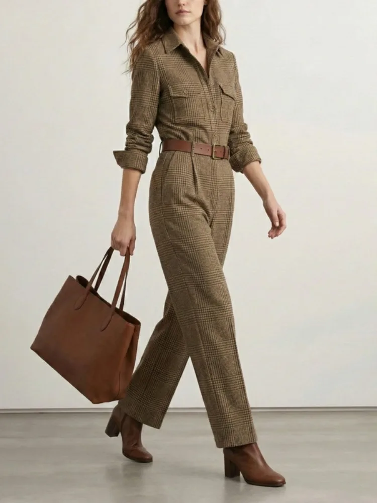 UOOZEE Women's Vintage Plaid Long Sleeves Lapel Jumpsuit High Waist Pockets Office Casual Elegant Straight-leg Overalls No Belt