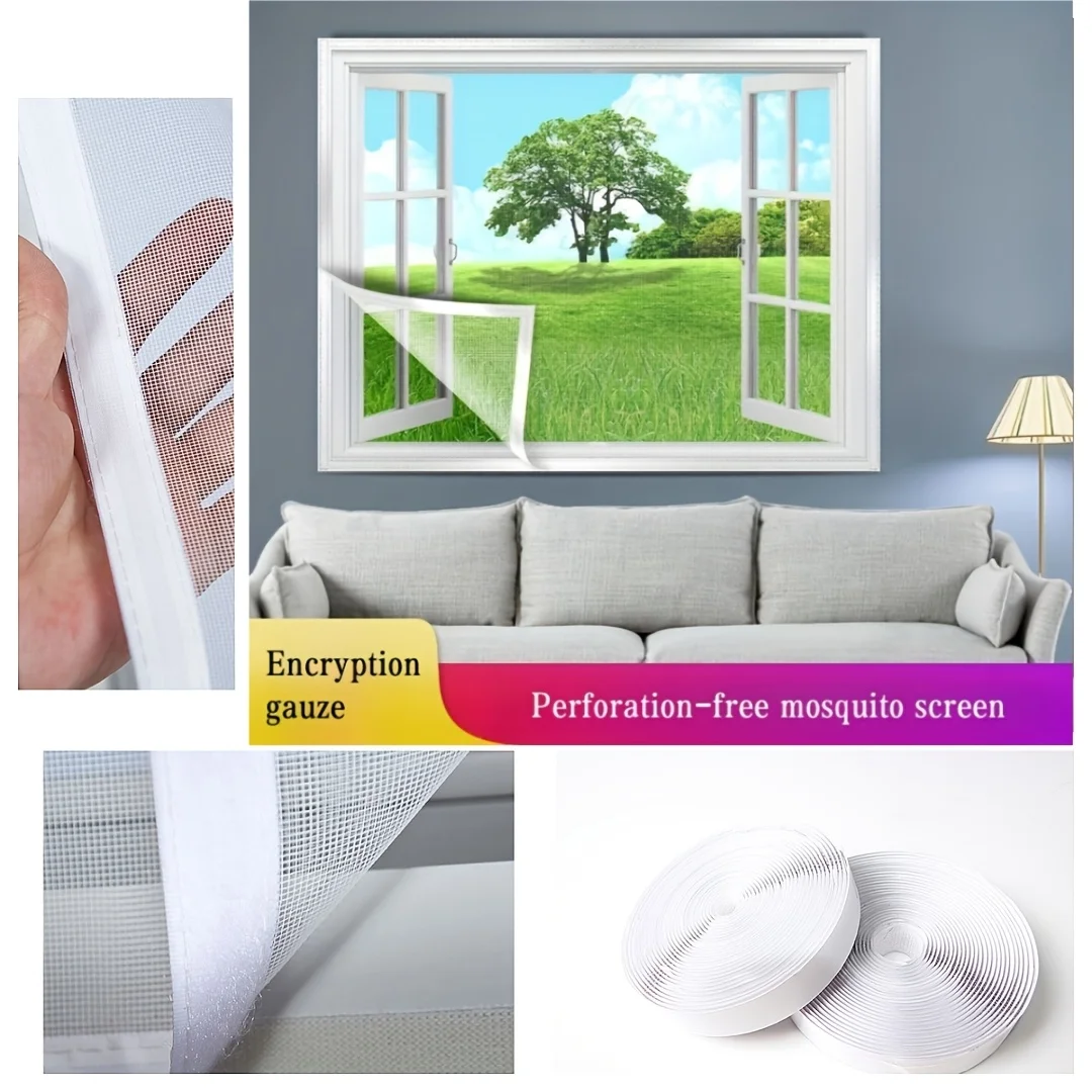 

One Piece Household Mosquito Net Window, Easy Installation with Hooks & Snap Fasteners, Invisible Curtain, Removable