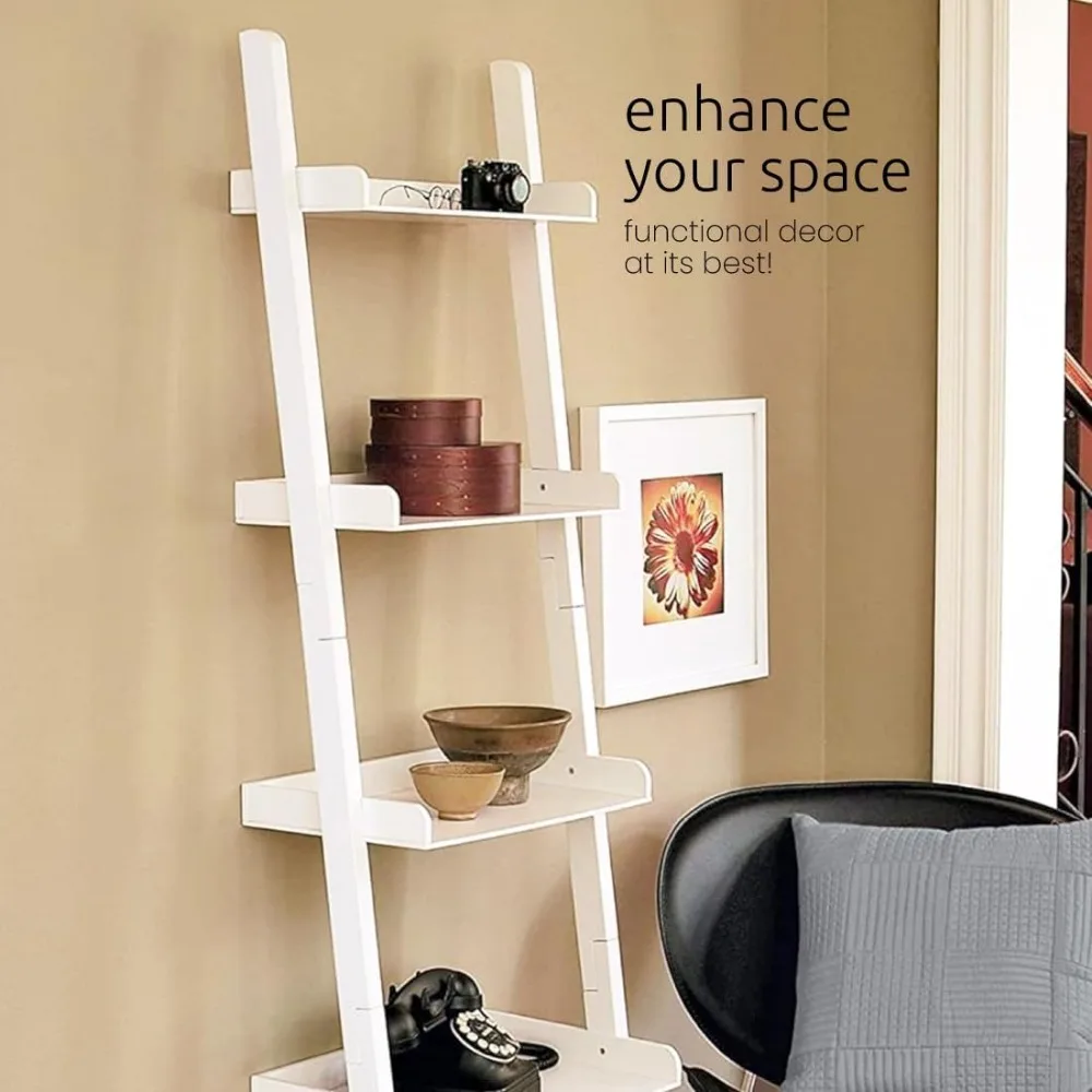 5-Tier Leaning Ladder Shelf, 67" Tall Storage Rack for Home Office, White - Easy Assembly