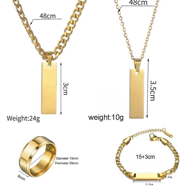 Spark Personalized Custom Thick Chain Engrave Name Date Necklace Bracelet Ring For Men Women Jewelry Set  Birthday Gifts - view 3