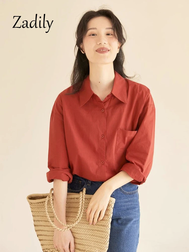 Zadily-camisa básica de oficina para mujer, blusa de trabajo de manga larga con botones, color rojo, estilo coreano, Primavera, 2024