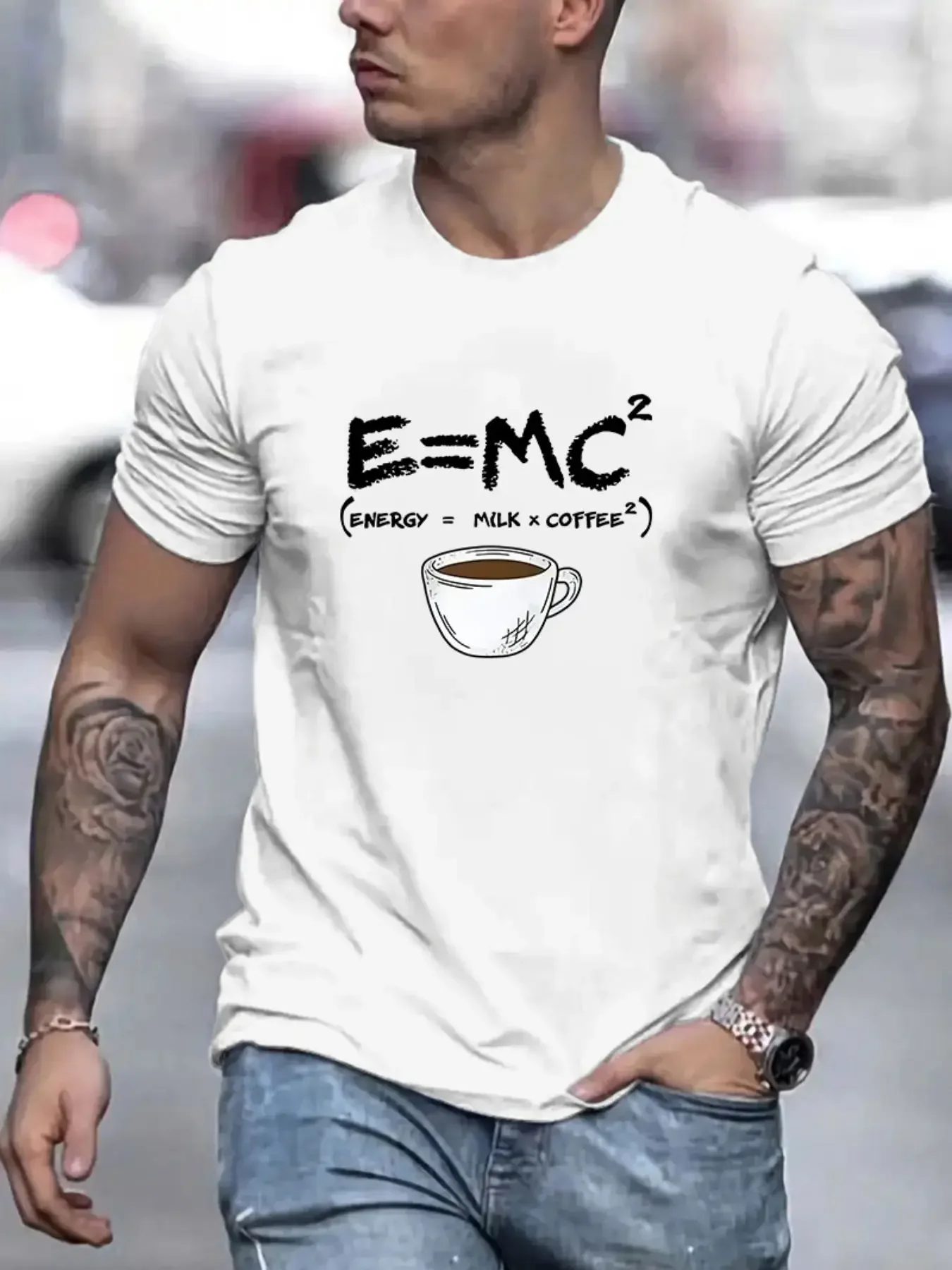Funny E=MC² Energy=Milk X Coffee² Coffee Cup Graphic T-Shirt Men Coffee Lover Humor Casual Short Sleeve Tee