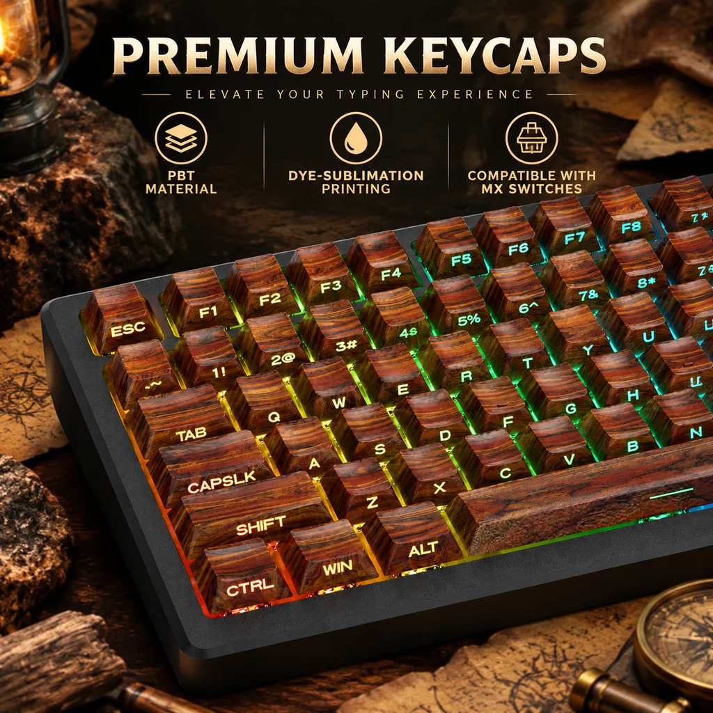 Walnut Textures PBT Keycaps,Retro Custom Dye Sub & Double Shot MOA/Cherry Key Caps Set For MX Switches Mechanical Keyboards