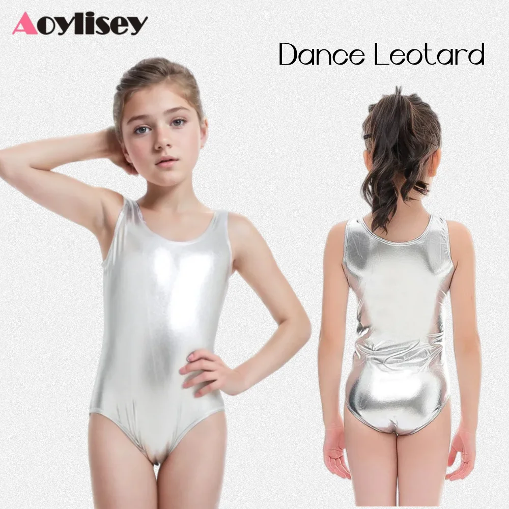 Maillots de Ballet Metálicos Plateados Brillantes de Spandex para Niñas, Trajes de Gimnasia y Danza para Actuaciones Infantiles