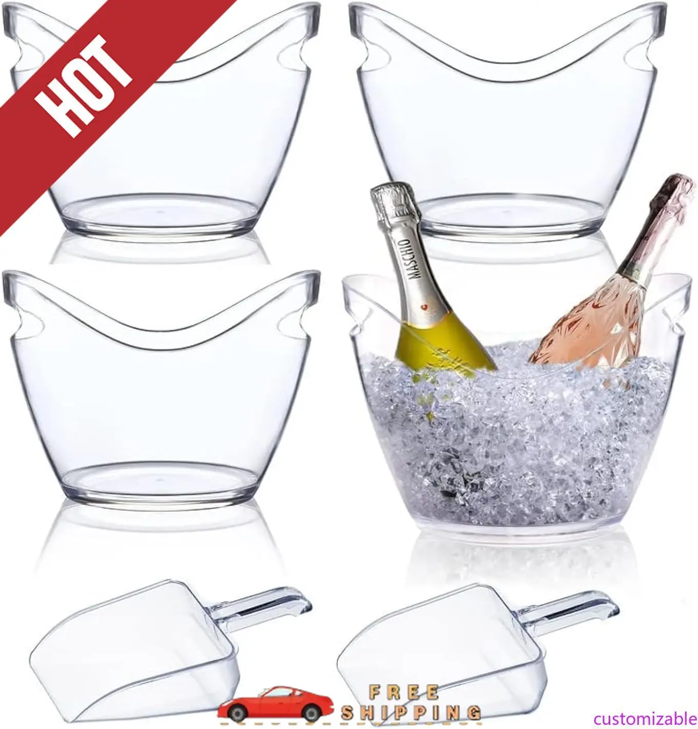 

Customizable Beverage Tubs for Parties Plastic Ice Bucket for Cocktail Bar Clear Acrylic Wine Bucket with Scoops Drink Bucket Co