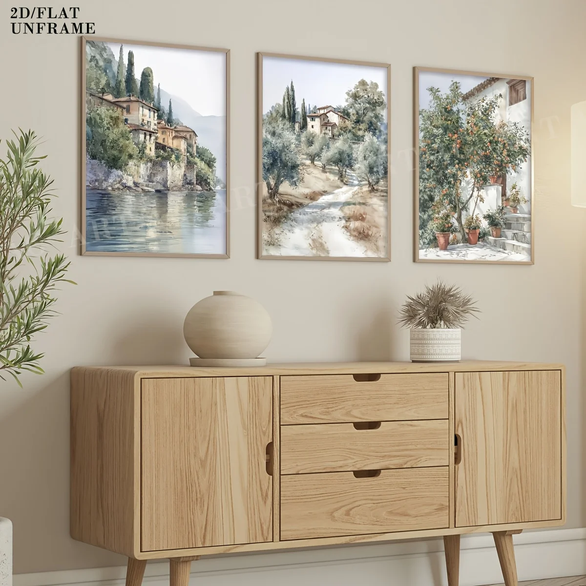 （Noframe 3PCS）-2D Flat, 3pcs/set Tuscany Landscape Canvas Prints, Neutral-toned Italian Countryside Decorative Posters, Olive