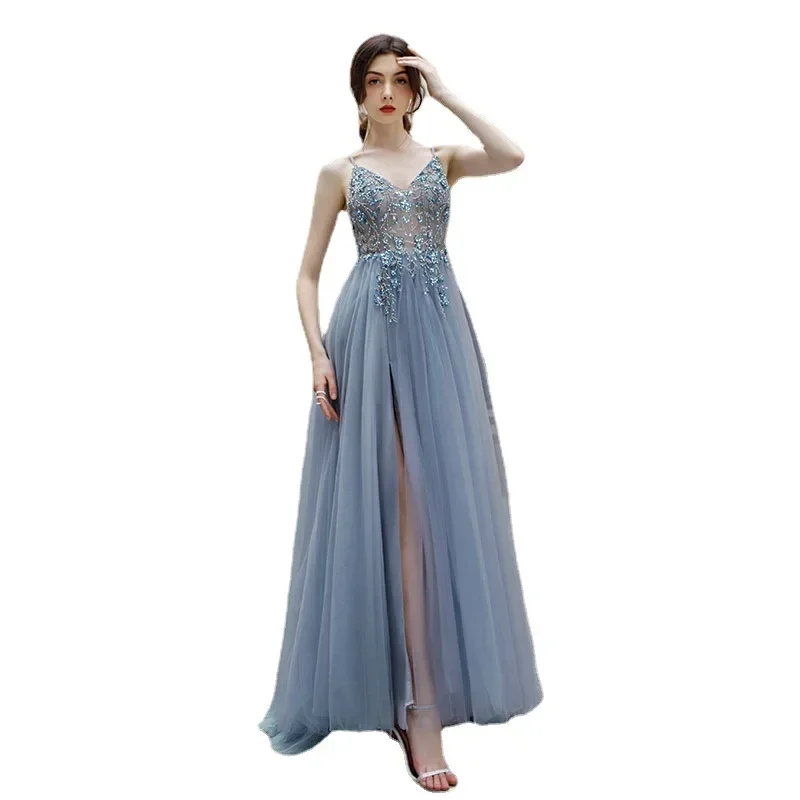 2024 Blue Elegant Sexy  V Neck Long Slip Applique Split Tulle Perspective A-line Prom Dress Party Evening Dresses for Women