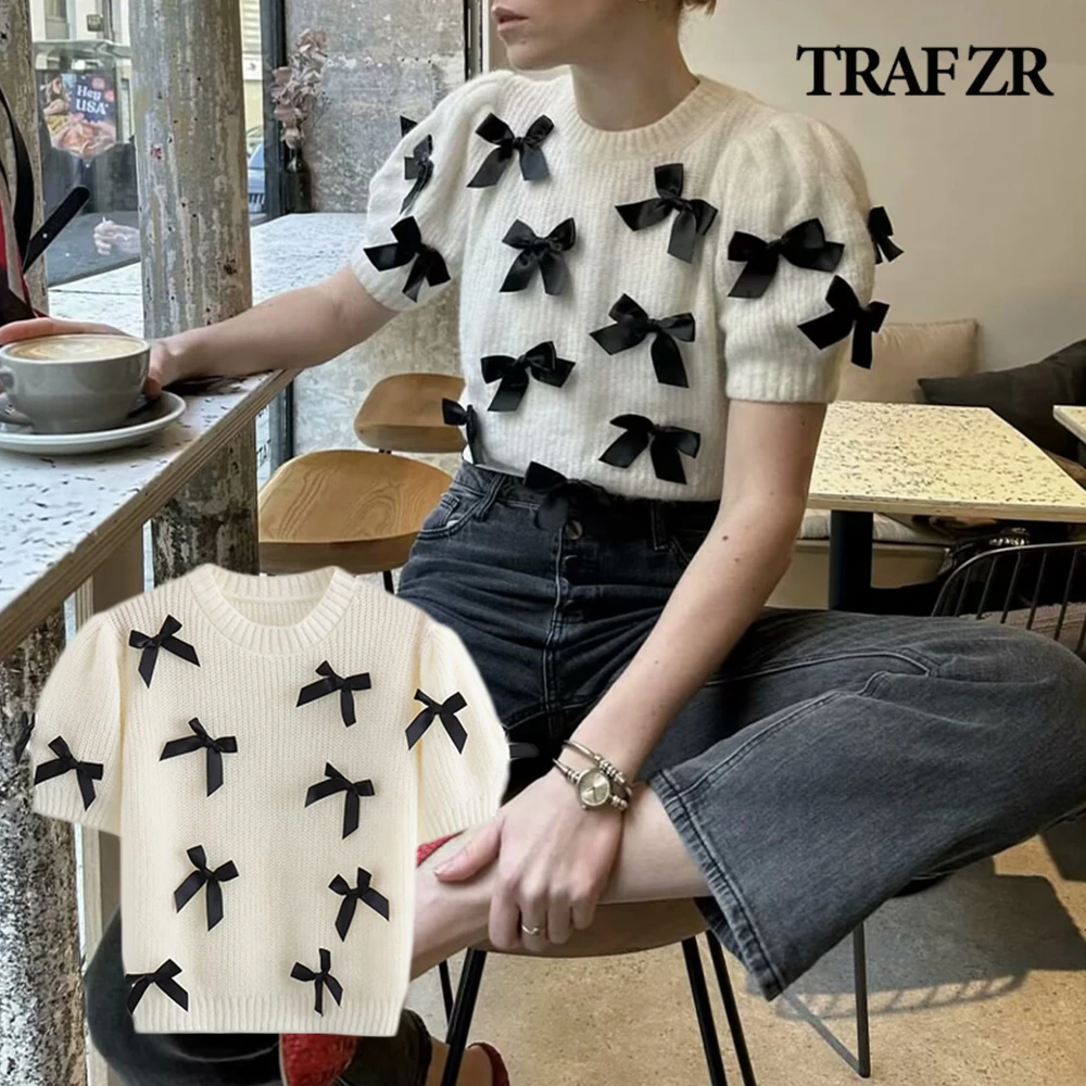 

TRAF ZR Vintage Short Sleeve Sweater Elegant Chic O-neck Knitted Top with Bows Y2k Pullover Knitwears High Street Sweater Women