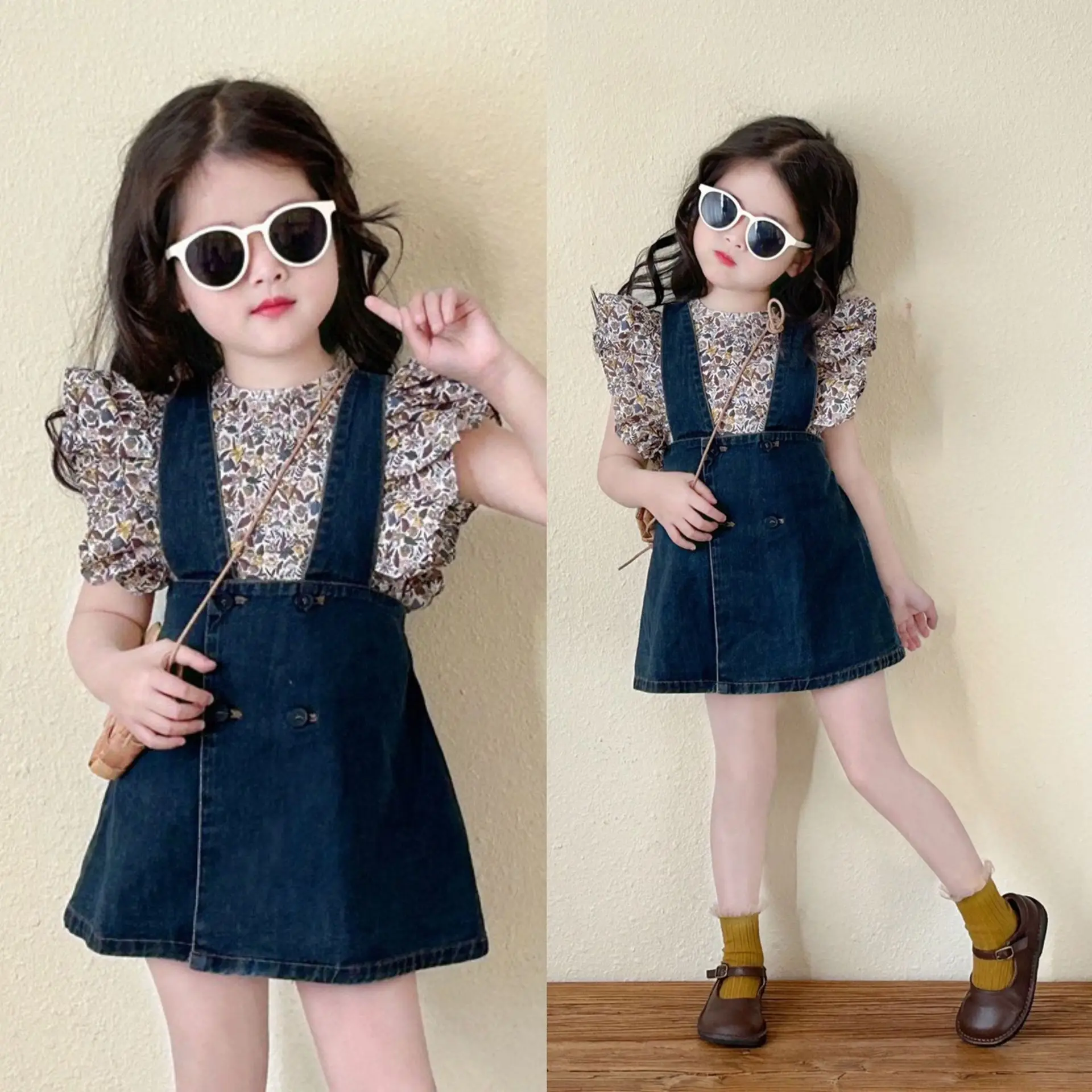 Children\'s Clothing Sets Floral Print Fly Sleeve Shirt + Denim Slip Dress 2pcs Sets Kids Clothes for Girls Kids Boutique Clothes