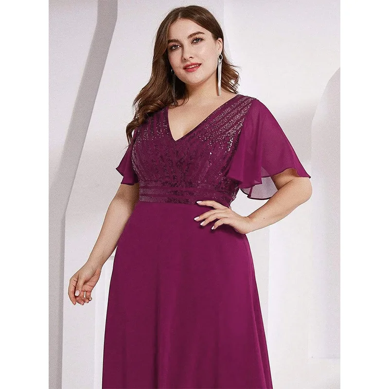 Plus Size V Neck Vertical Stripe Sequined Chiffon Dress 4XL5XL Shiny Elegant Party Anniversary Plus Size Shiny Sequined Dresses