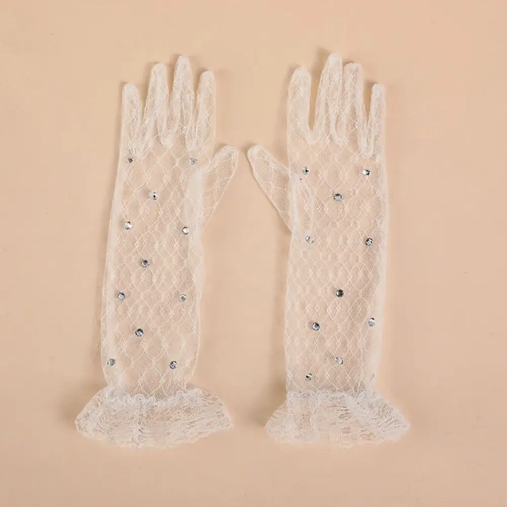 2 pares de guantes blancos de encaje para niños, guantes de princesa transpirables de malla con cinco dedos y diamantes de imitación brillantes para niñas
