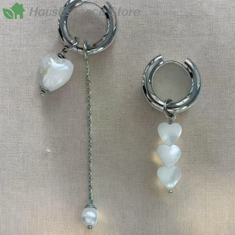 ※Retro New Trendy Geometric Stereo Heart-Shaped Earrings Designed For  Women Asymmetrical Imitation Pearl Earrings Punk