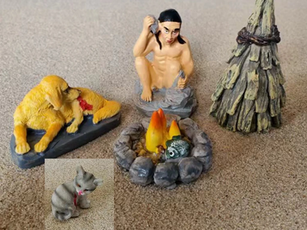 

resin figure mental psychological sand table game court therapy savage primitive man bonfire match pile injured dog and cat 5pcs