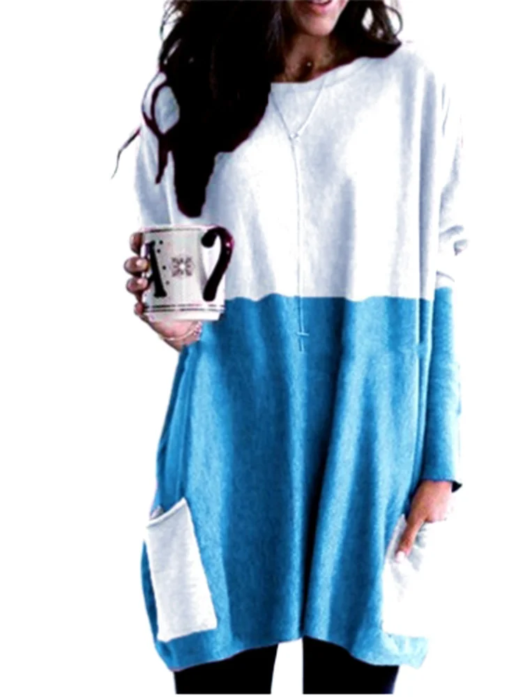 GELITAYIN Loose Round Neck Bat Long Sleeved Dress Women's Color Blocked Pocket Skirt Street Fashion Casual Autumn Top