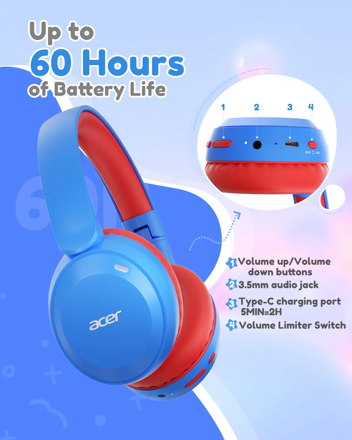 Acer Kids Bluetooth 6.0 Headphones 85/94dB Volume Limited Lightweight Over-Ear Wireless Toddler Headphones with Built-in Mic