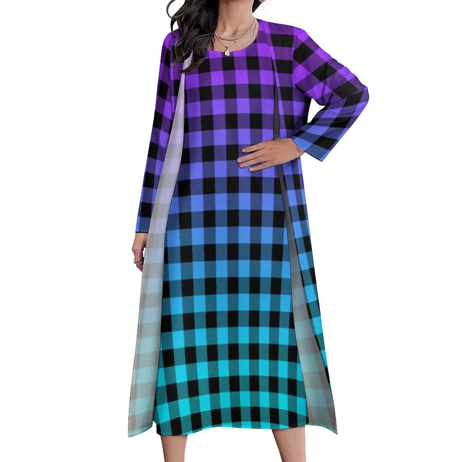 

Black Plaid Print Dress Purple Ombre Modern Maxi Dress Streetwear Boho Beach Long Dresses Women Two-Piece Oversized Clothing