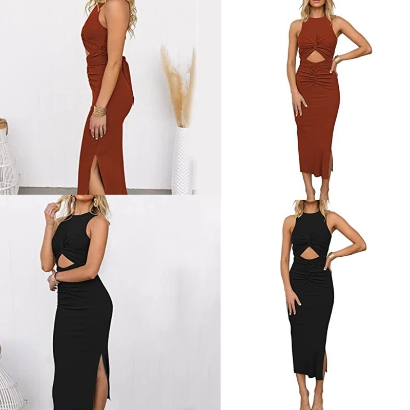 A0NF Women Bodycon Dress Wrap Split  Midi Dress Midriff Cutout Dress Twist Ruched Dress Slit Bodycon Ruched Wrap Dress