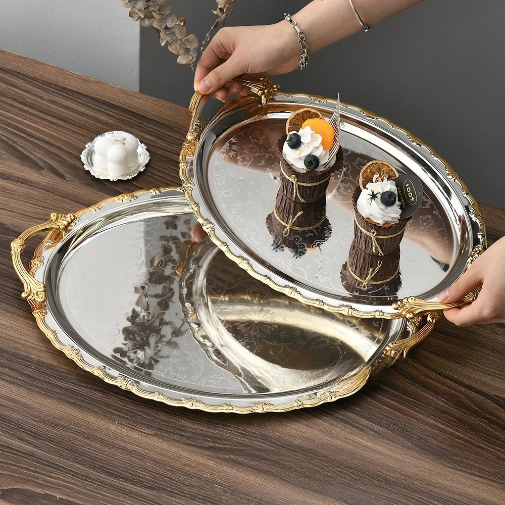 

New Silver Gold-edge Tray Double-sided Handle Silver-plated Retro Craft Plate Afternoon Tea Coffee Cake Desserts Tray