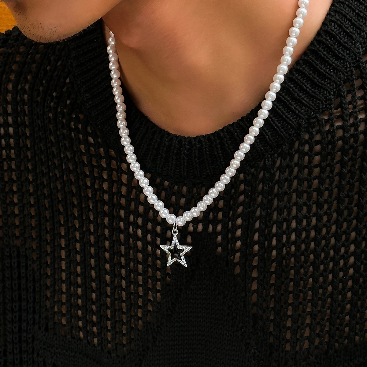 Salircon Prosty, ręcznie wykonany krótki naszyjnik z imitacji pereł Moda męska Rhinestone Star Pendant Choker Punk Party Jewelry — zdjęcie 3