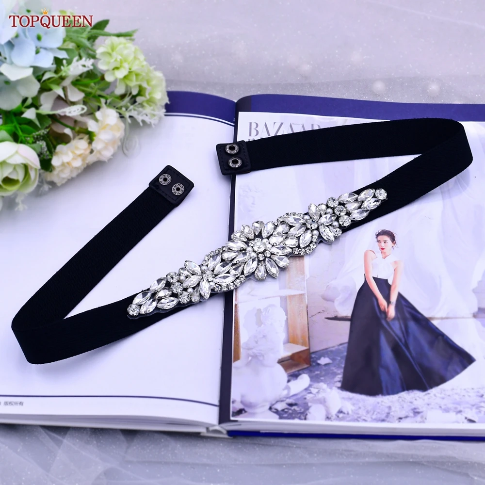 TOPQUEEN S407 Elastic Belt Women Daily Party Evening Gown Dress Girdle Silver Rhinestone Decoration Black Elasticity Waistband