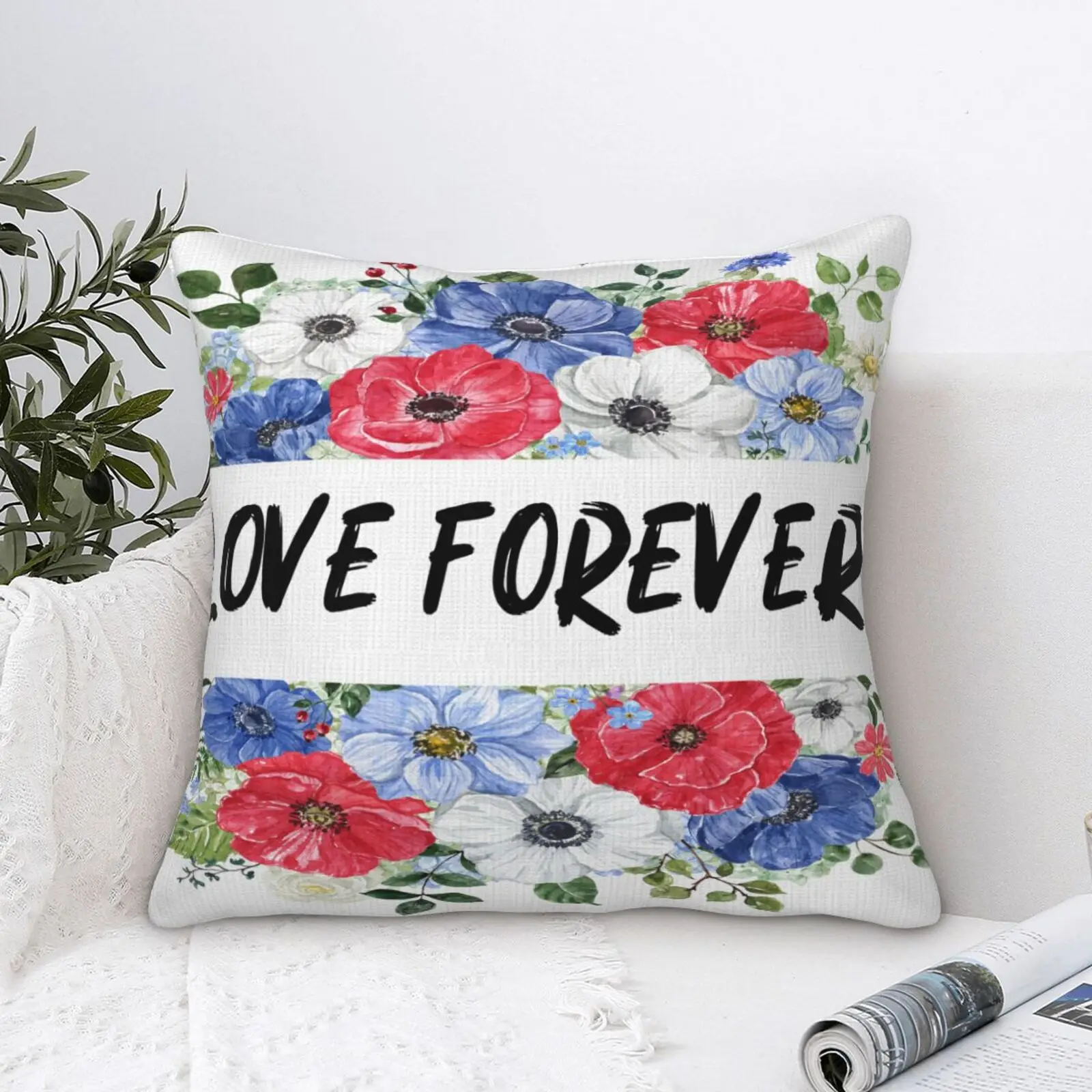 

Custom Text Logo Floral Velvet Pillow Cover, Watercolor Flower Decorative Cushion Case, Soft Plush Throw Pillowcase for Sofa Bed