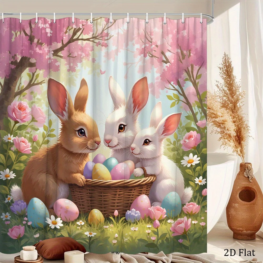 1pc Playful Rabbit Garden Shower Curtain with Fluffy White & Brown Bunnies, Easter Eggs & Pink Cherry Blossoms - Spring Bathroom