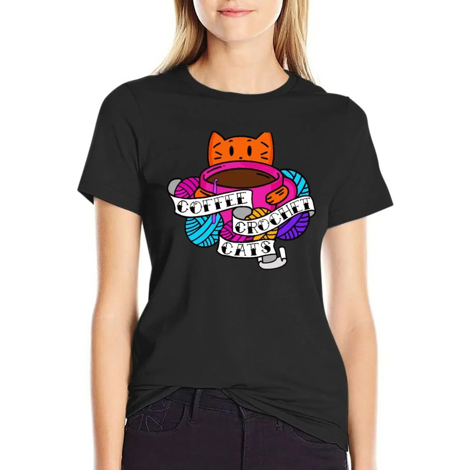 

Coffee, Crochet & Cats! T-Shirt vintage clothes Short sleeve tee cute clothes Blouse Womens clothing
