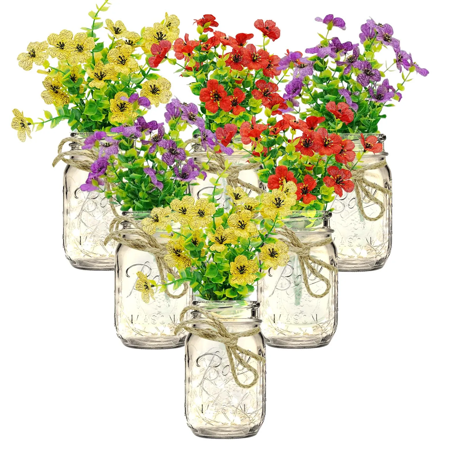 

6 Piece Mason Jar Centerpiece Kit With LED Lights & Jute Bows Versatile Wedding Party Home Decor & Thoughtful Holiday Gift