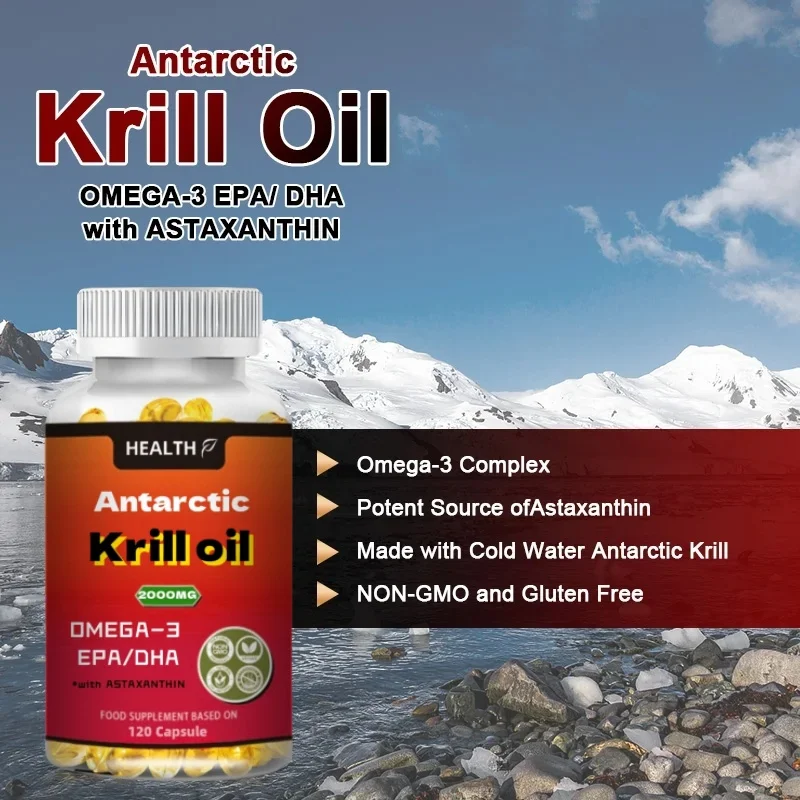 Antarctic Krill Oil Omega 3 Softgels 2000mg,with Phospholipids, Choline & Astaxanthin Sustainably Sourced, Non-GMO Verified