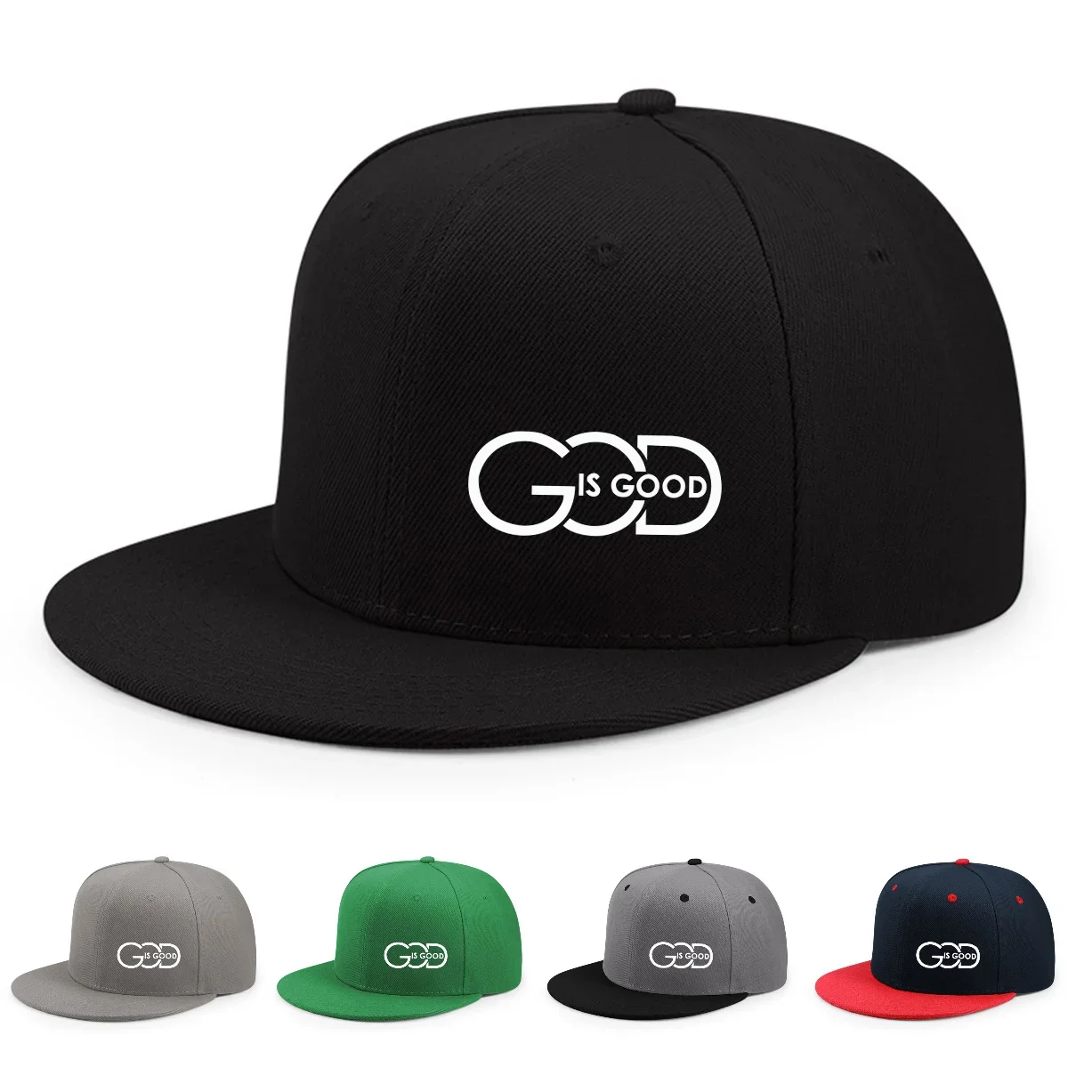 Unisex-Baseballkappe mit verstellbarem Riemen, flacher Krempe, mit Aufdruck „GOD IS GOOD“, lässige Kopfbedeckung für Damen und Herren, modisch, atmungsaktiv, für den Außenbereich. – Detail 1