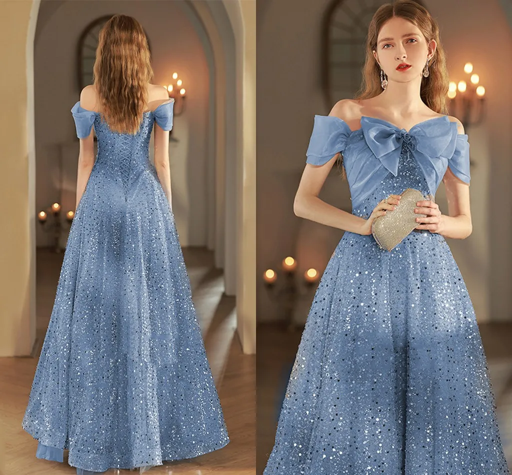 

Fashion A-Line Blue Prom Banquet Dress 2023 Off the Shoulder Big Bow Sequin Evening Formal Gowns Vestidos Feast Robe De Soiree