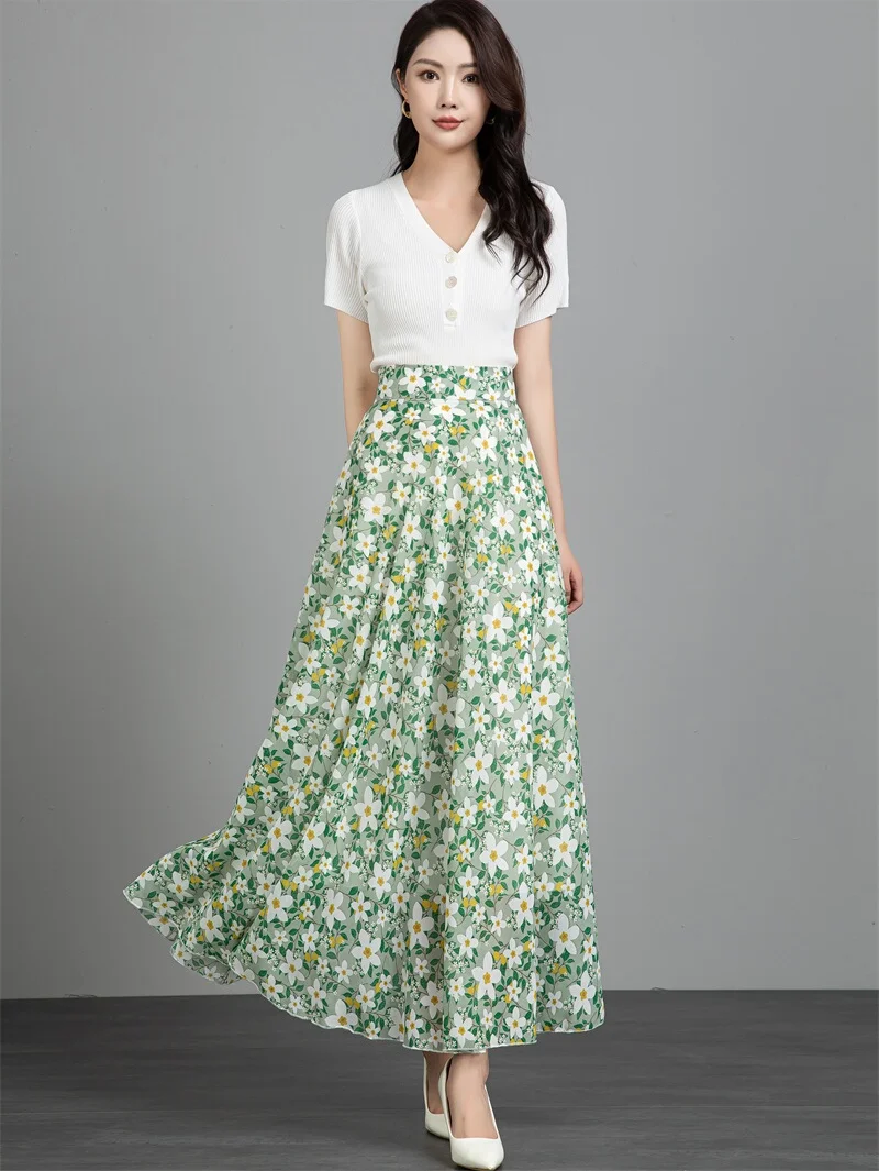 Casual hoge taille A-lijn rok Bloemenprint Chiffon Dames Zomer Strand Vakantie Dansrok Polyestervezel Niet-stretch rok