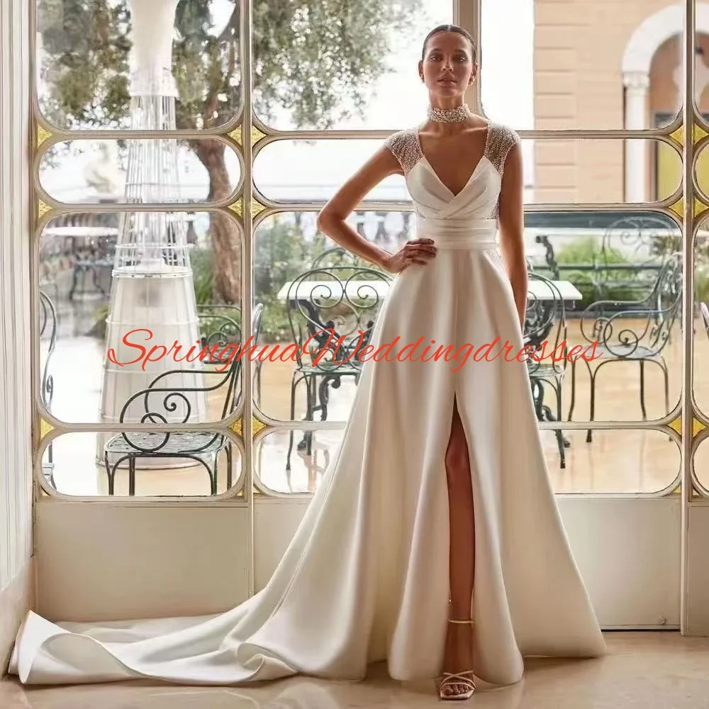 Customized Luxury V Neck Satin A Line Wedding Dresses Elegant Backless Appliques Robe Beaded Court Train Bridal Gown Cap Sleeve