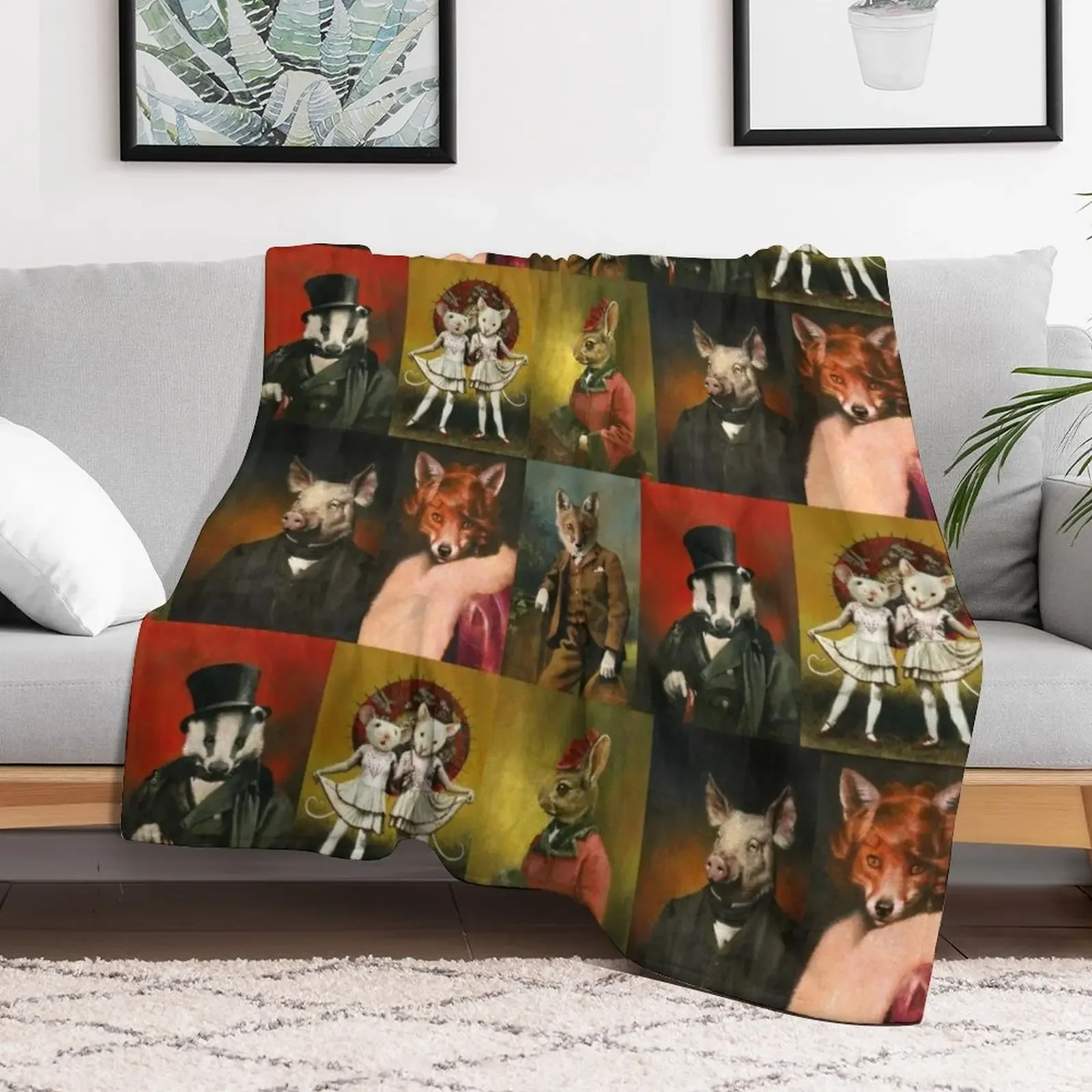 Vintage Animals In Clothes Throw Blanket Luxurious Soft Fuzzy Blanket for Sofa Bed