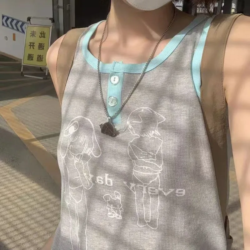 

Women's Street Sweet Camisole Japanese Kawaii Sleeveless Cartoon Print Vests Summer Subculture Street Hottie Pop Chic Tanks Tops