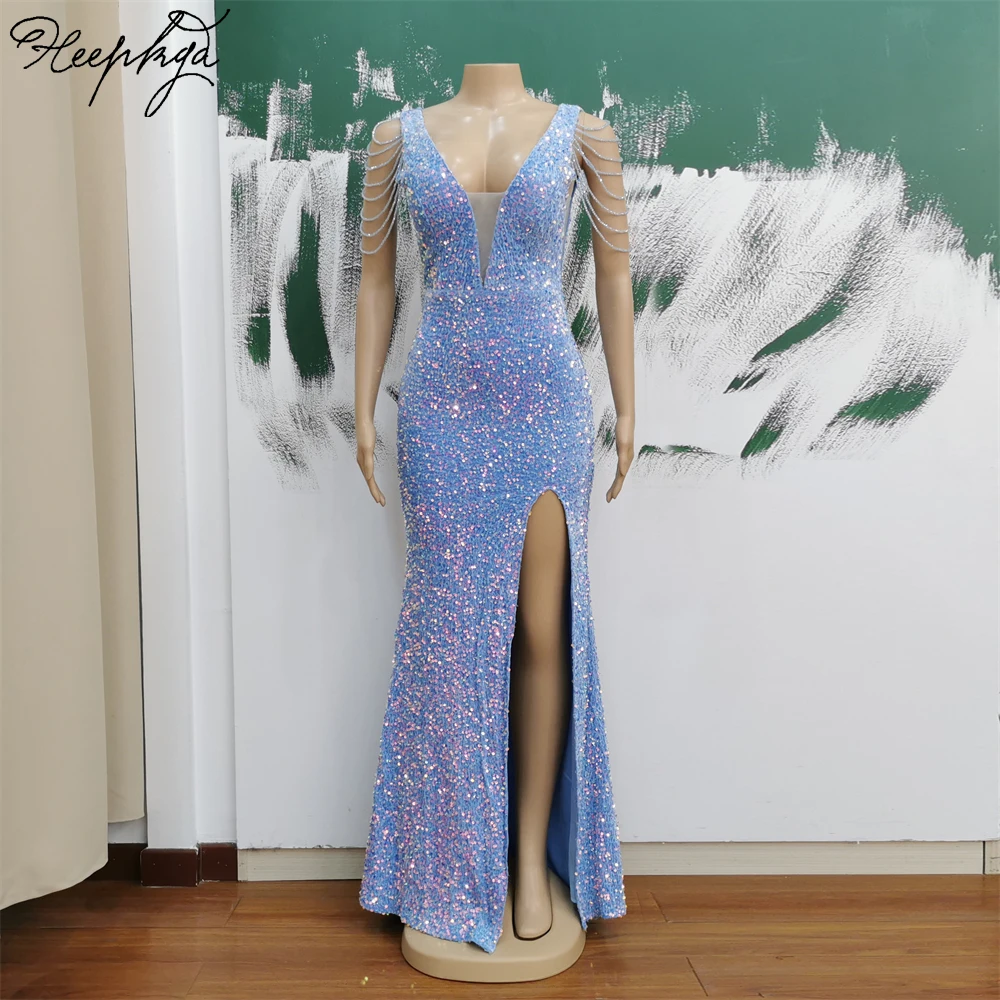 2024 Long Mermaid Baby Blue Evening Dress Side Split V Neck Stretched Sequin Wedding Party Women Formal Gowns For Prom In Stock