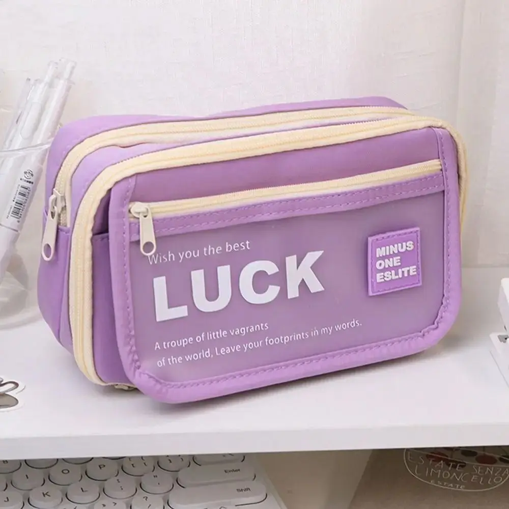 Large Capacity Translucent Pencil Case Matte Texture Flip Front Pocket Translucent Pen Bag Lucky Zipper Stationery Box